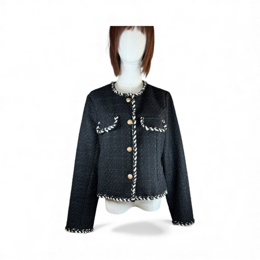 WDNY Black Tweed Braided Trim Jacket – Size L – Button Front Black Blazer